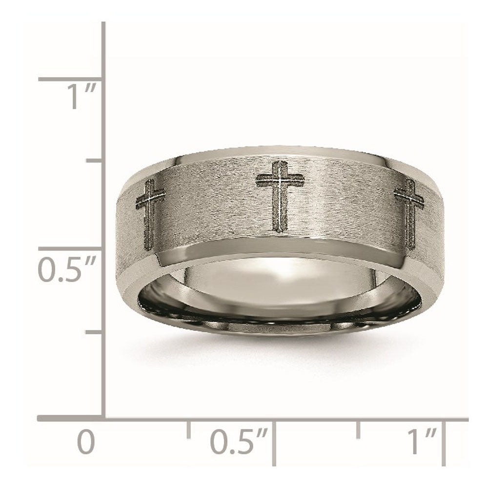Alternate view of the 8mm Titanium Laser Etched Cross Beveled Edge Standard Fit Band by The Black Bow Jewelry Co.