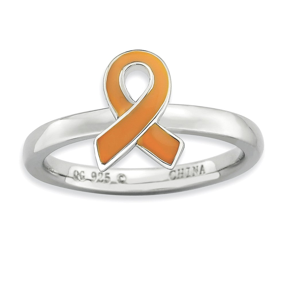Silver Stackable Orange Enamel Awareness Ribbon Ring, Item R9234 by The Black Bow Jewelry Co.