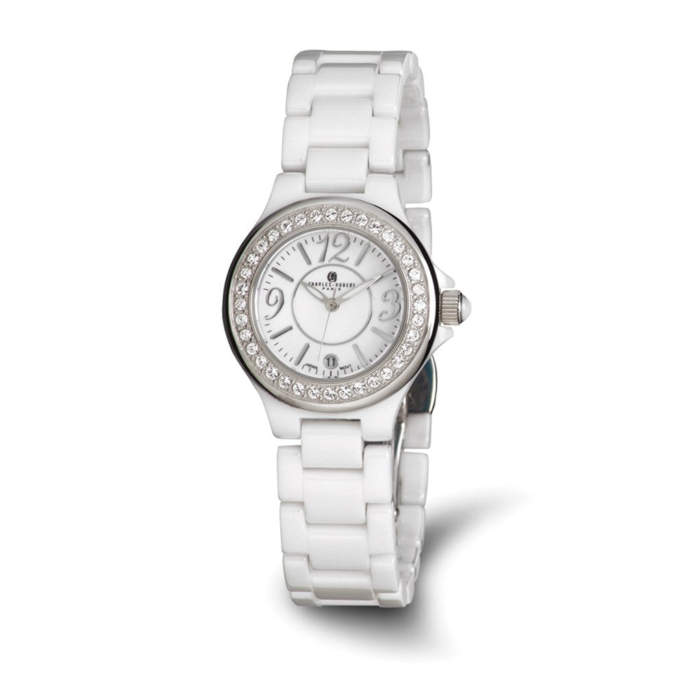 Charles Hubert Ladies White Ceramic Crystal Bezel Watch, Item W8457 by The Black Bow Jewelry Co.