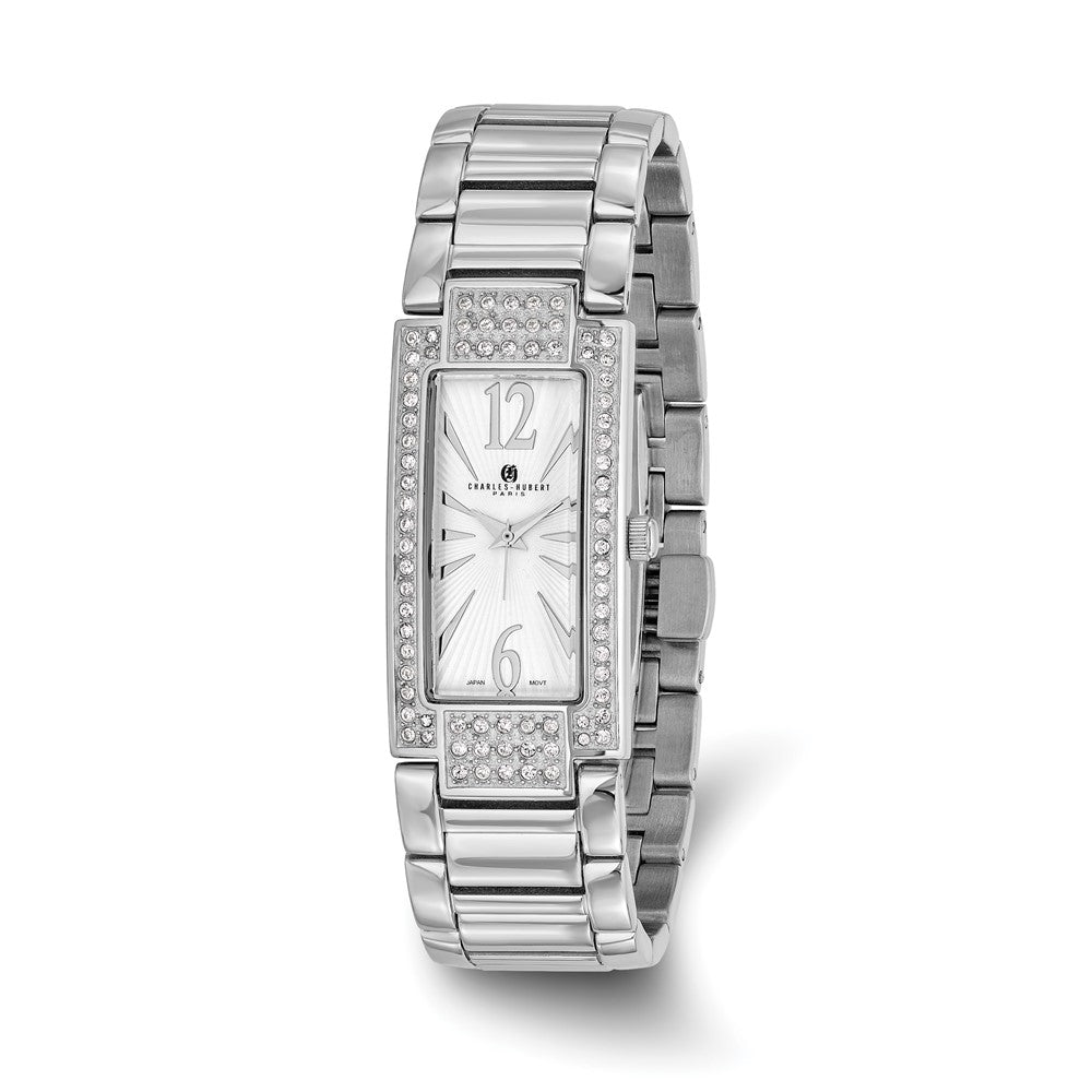 Charles Hubert Ladies Crystal Bezel White Dial 21x46mm Watch, Item W8473 by The Black Bow Jewelry Co.