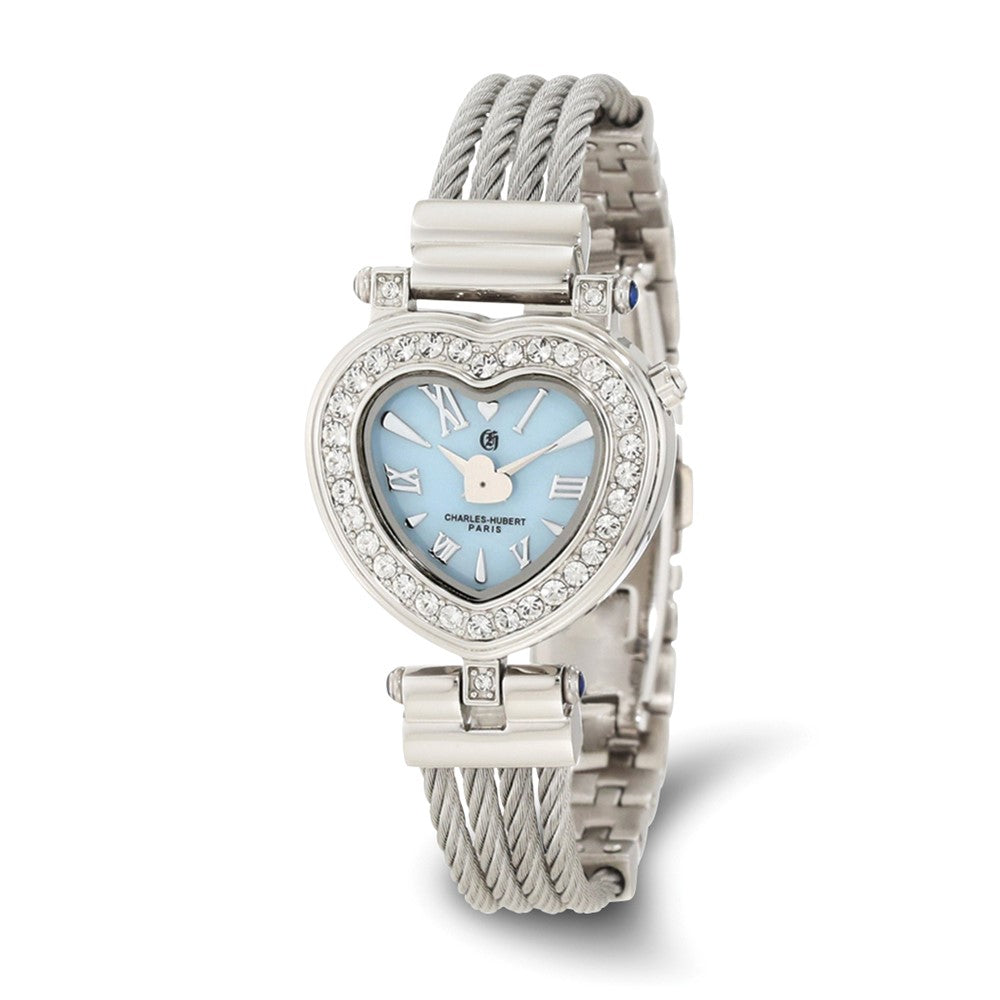 Charles Hubert Ladies Stnlss Stl Bangle Lt Blue MOP Heart Dial Watch, Item W8566 by The Black Bow Jewelry Co.