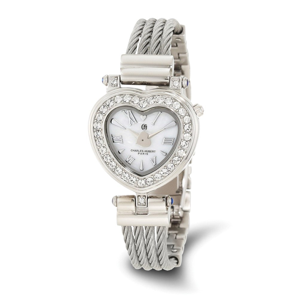 Charles Hubert Ladies Stnlss Stl Wire Bangle Wht MOP Heart Dial Watch, Item W8567 by The Black Bow Jewelry Co.