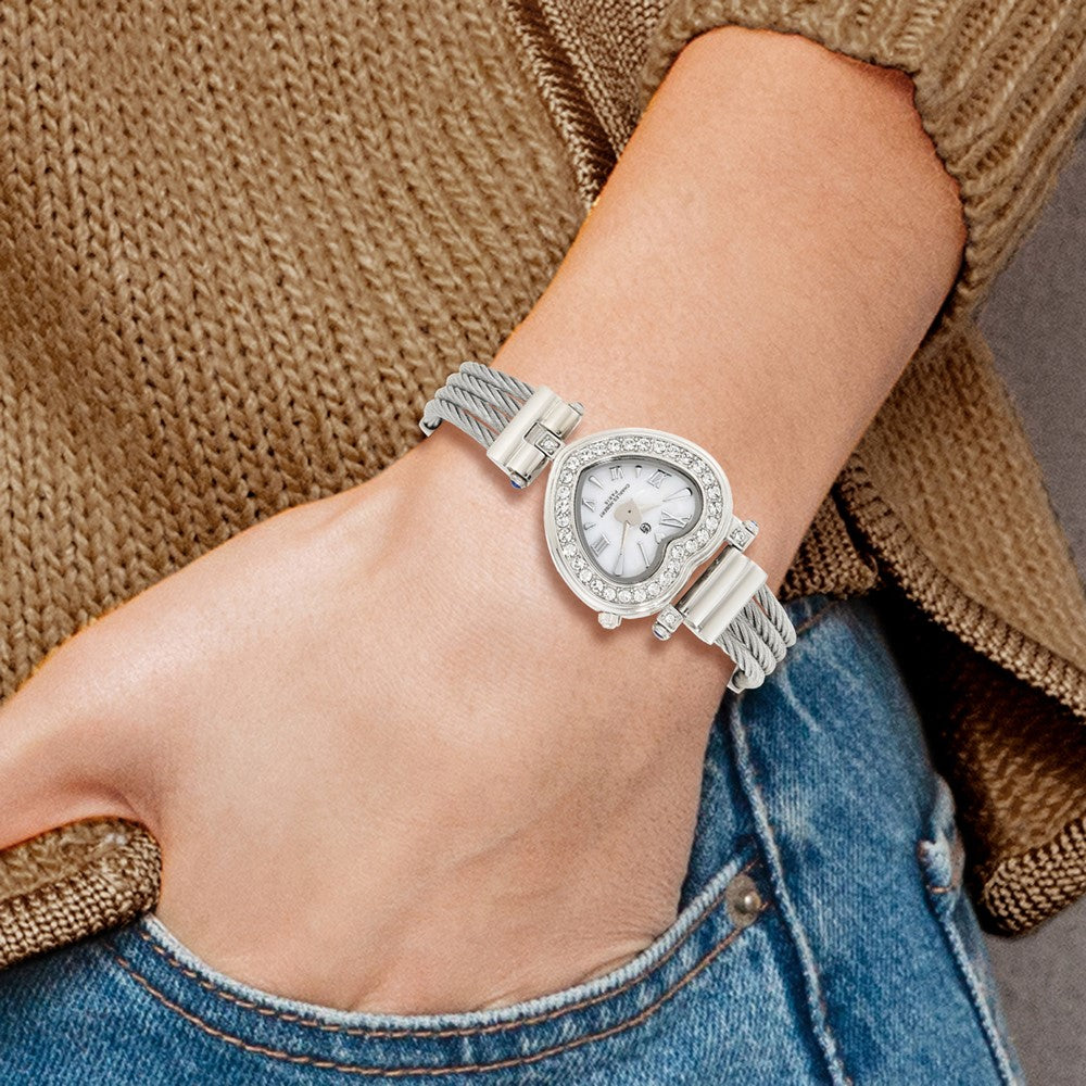 Alternate view of the Charles Hubert Ladies Stnlss Stl Wire Bangle Wht MOP Heart Dial Watch by The Black Bow Jewelry Co.