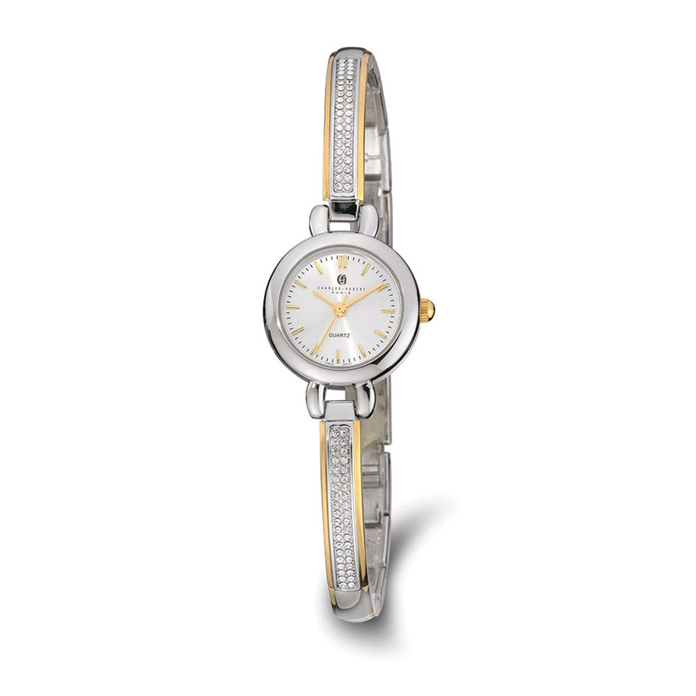 Charles Hubert Ladies Gold-Tone, Crystals, Silver Dial Round Watch, Item W8574 by The Black Bow Jewelry Co.
