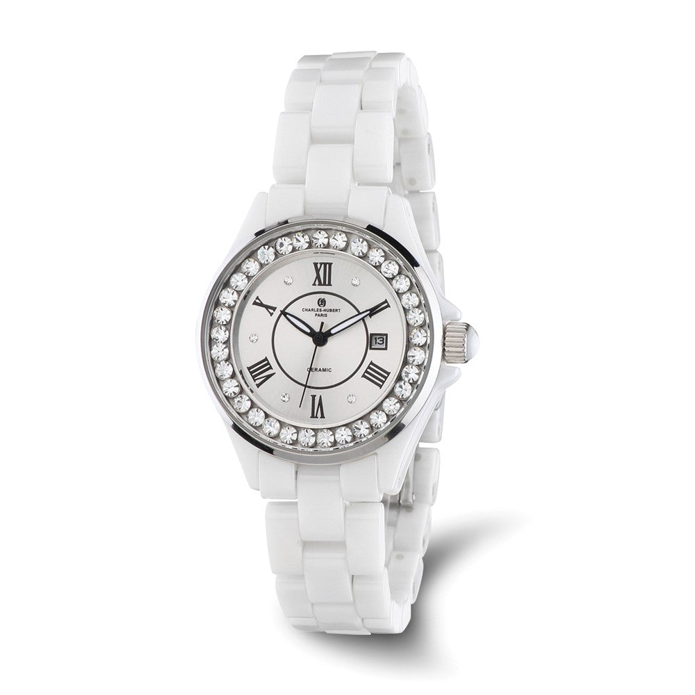 Charles Hubert Ladies Crystal Bezel White Ceramic Watch, Item W8662 by The Black Bow Jewelry Co.