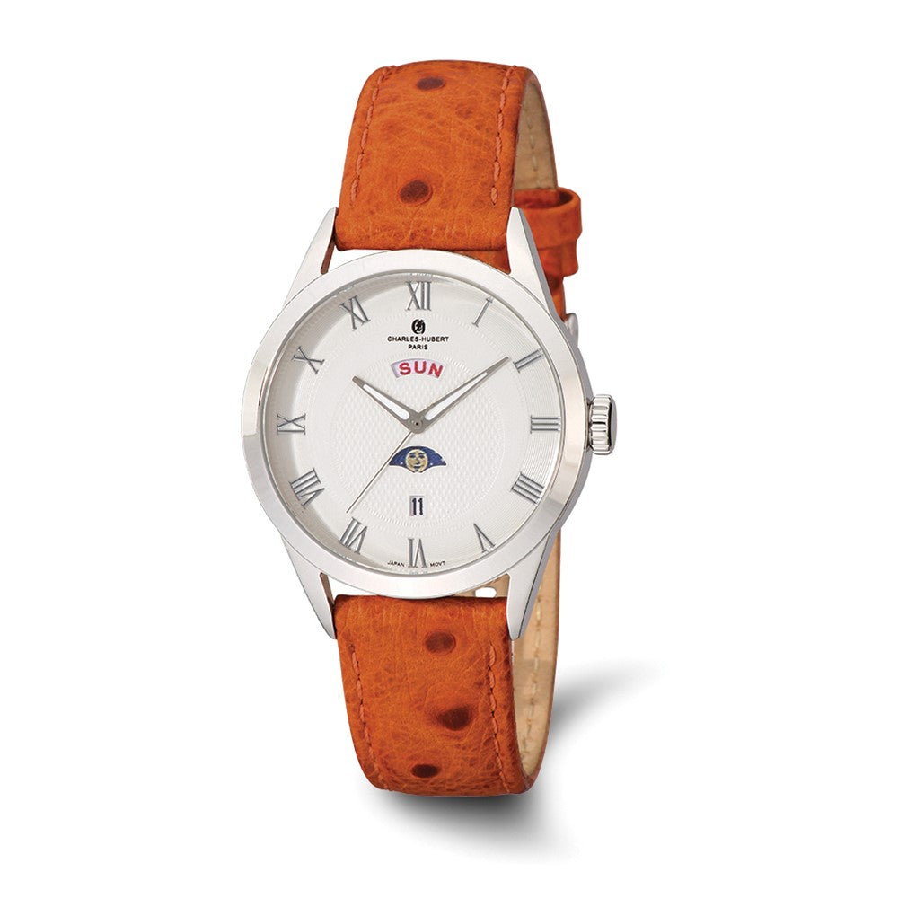 Charles Hubert Ladies Stainless Steel & Leather White Dial Watch, Item W8815 by The Black Bow Jewelry Co.