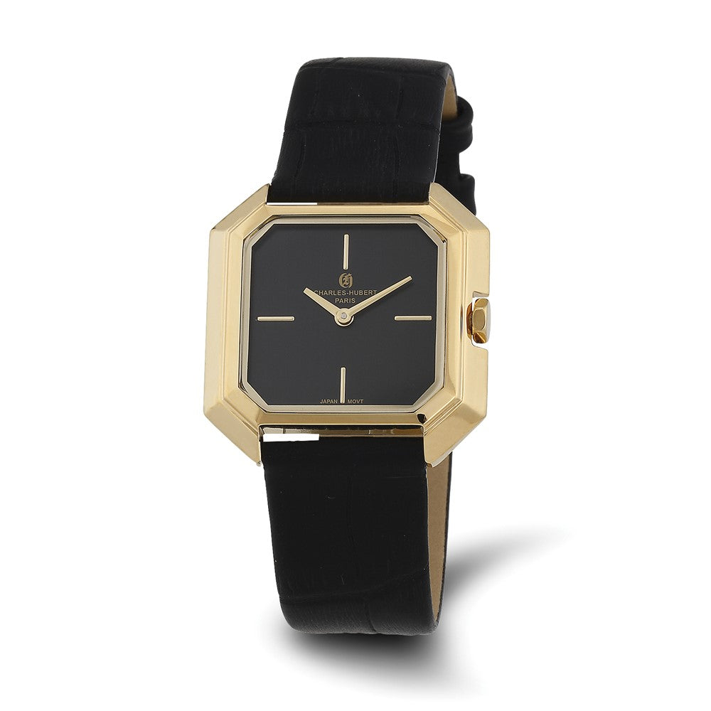 Charles Hubert Ladies IP-plated Stainless Black Leather Band Watch, Item W8876 by The Black Bow Jewelry Co.
