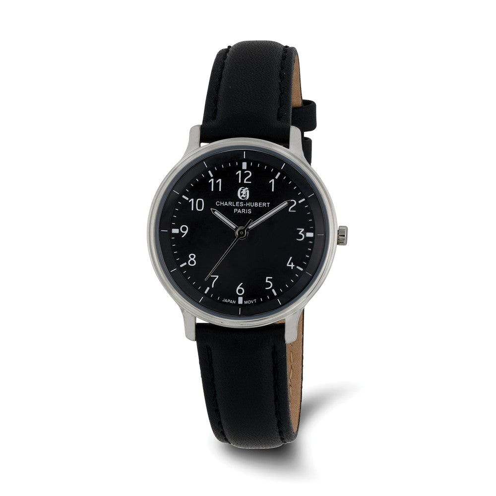 Charles Hubert Ladies Stainless Steel & Leather Black Dial Watch, Item W8890 by The Black Bow Jewelry Co.