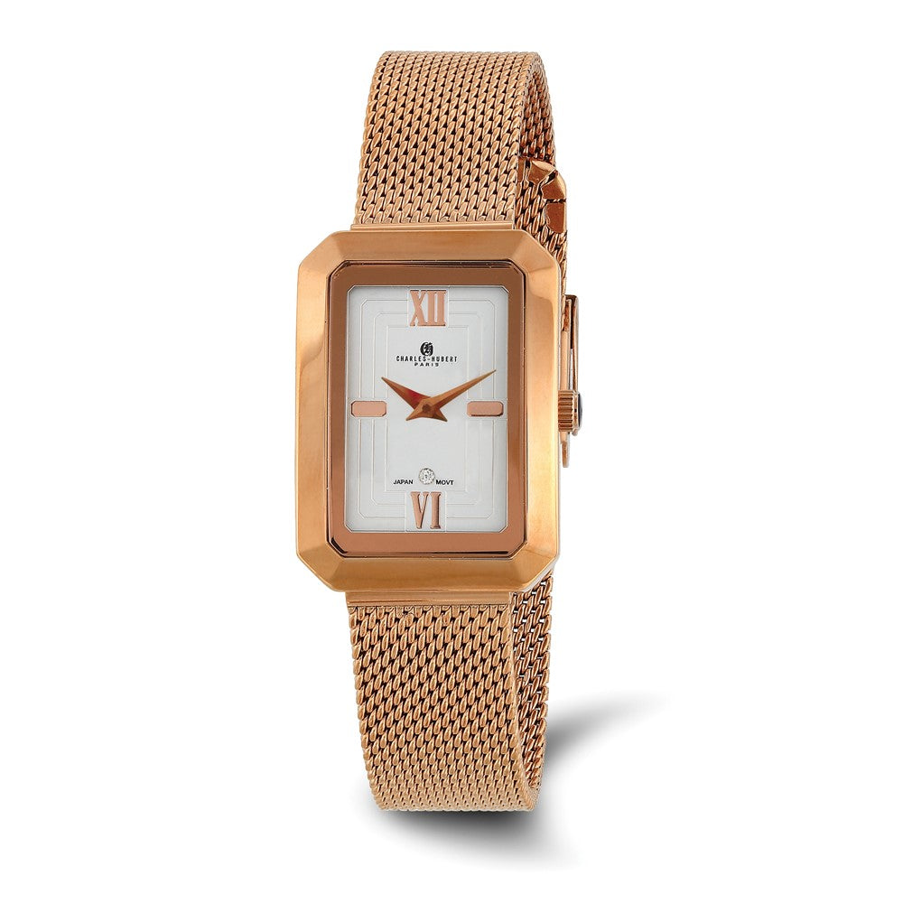 Charles Hubert Ladies Rose IP-plated Mesh Band White Dial Watch, Item W8915 by The Black Bow Jewelry Co.