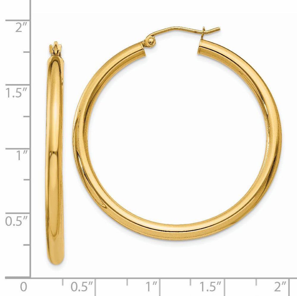 Alternate view of the 3mm x 40mm 14k Yellow Gold Classic Round Hoop Earrings by The Black Bow Jewelry Co.