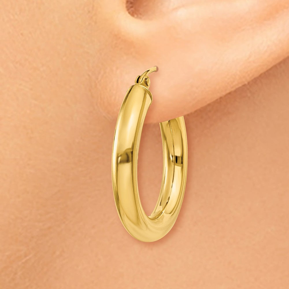 Alternate view of the 4mm, 14k Yellow Gold Classic Round Hoop Earrings, 25mm (1 Inch) by The Black Bow Jewelry Co.