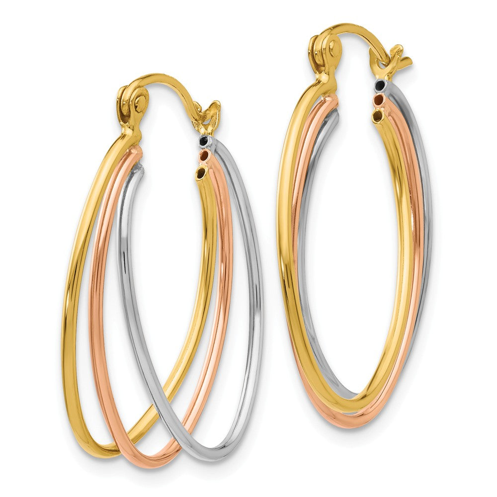 Alternate view of the 14k Tri-Color Gold Polished Triple Oval Hoop Earrings, 25mm (1 Inch) by The Black Bow Jewelry Co.