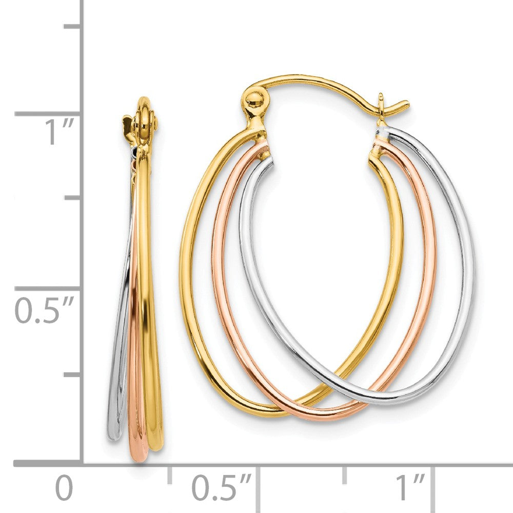 Alternate view of the 14k Tri-Color Gold Polished Triple Oval Hoop Earrings, 25mm (1 Inch) by The Black Bow Jewelry Co.