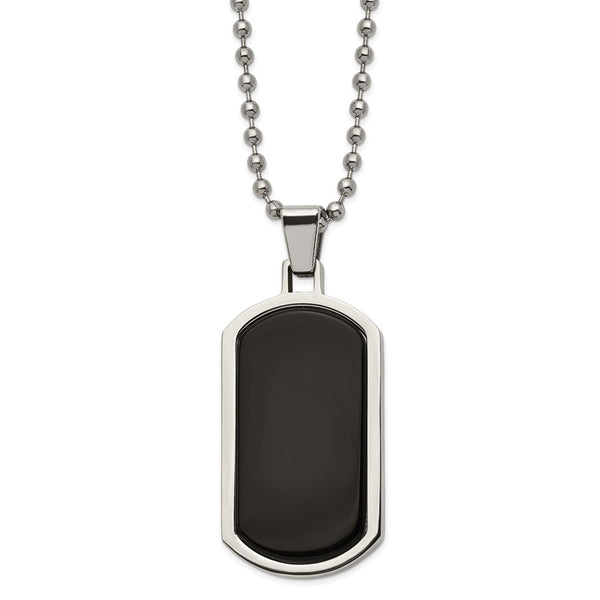 Stainless Steel Black Agate Dog Tag 30 inch Ball Chain Necklace