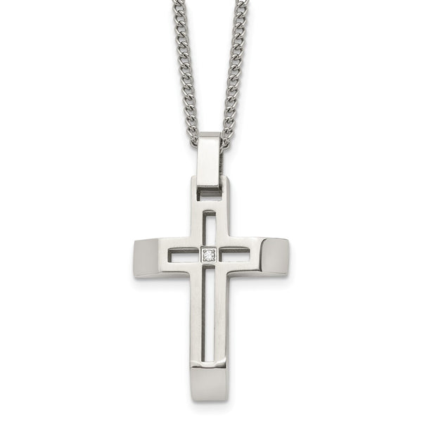 Stainless Steel & Cz Brushed Polished Beveled Cross Necklace, 22 Inch 