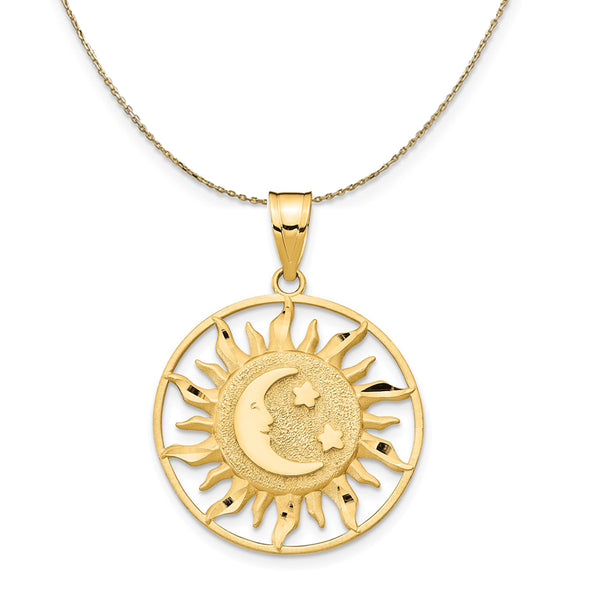 14k Yellow Gold 22mm Sun, Moon and Stars Circle Necklace - The