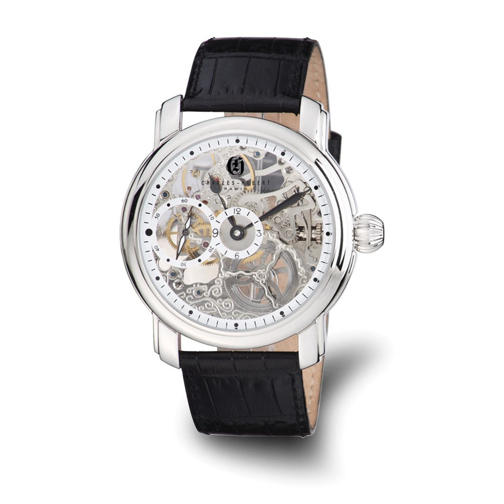 Charles Hubert Mens Leather Band Skeleton Dial Watch, Item W8470 by The Black Bow Jewelry Co.