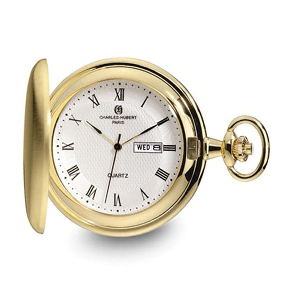 Charles Hubert Gold Finish Satin White Dial Day/Date Pocket Watch, Item W8747 by The Black Bow Jewelry Co.