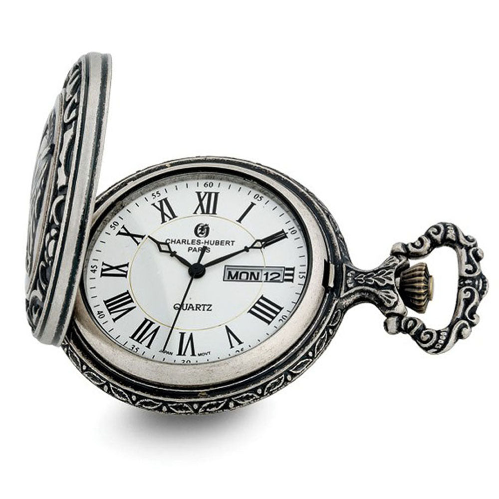 Charles Hubert Antique Chrome Finish Sailing Ship Pocket Watch, Item W8964 by The Black Bow Jewelry Co.