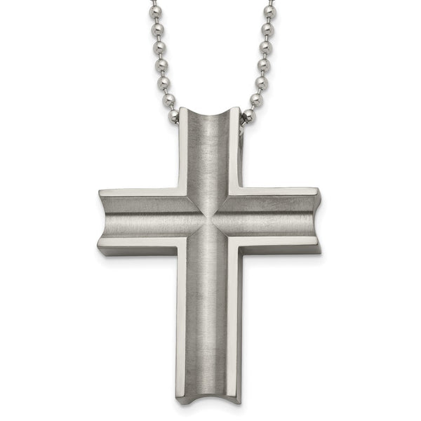 Men's Titanium & Stainless Steel Large Grooved Cross Necklace, 24 Inch