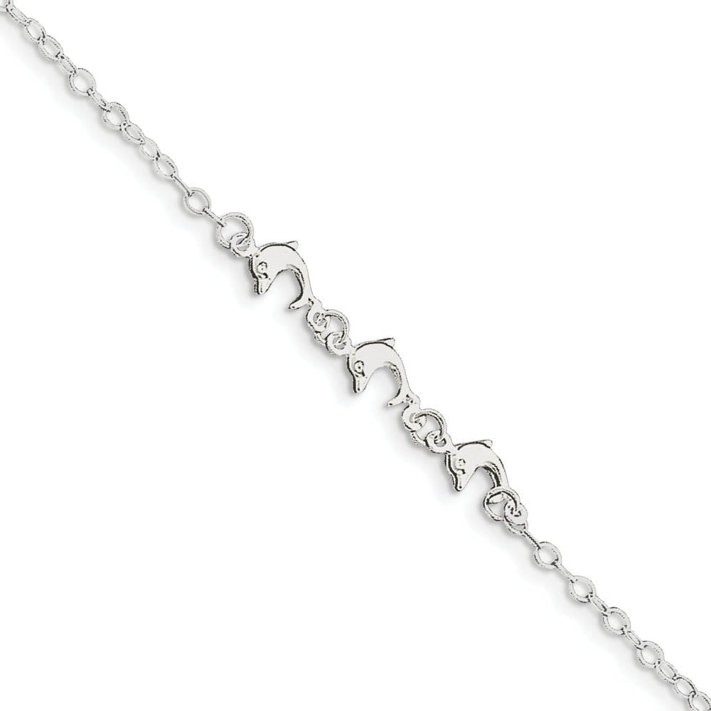 Triple Dolphins Anklet in Sterling Silver, 9 inch, Item A8195-09 by The Black Bow Jewelry Co.