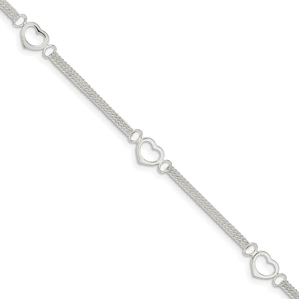 Double Chain Heart Anklet in Sterling Silver, 10 inch, Item A8216-10 by The Black Bow Jewelry Co.