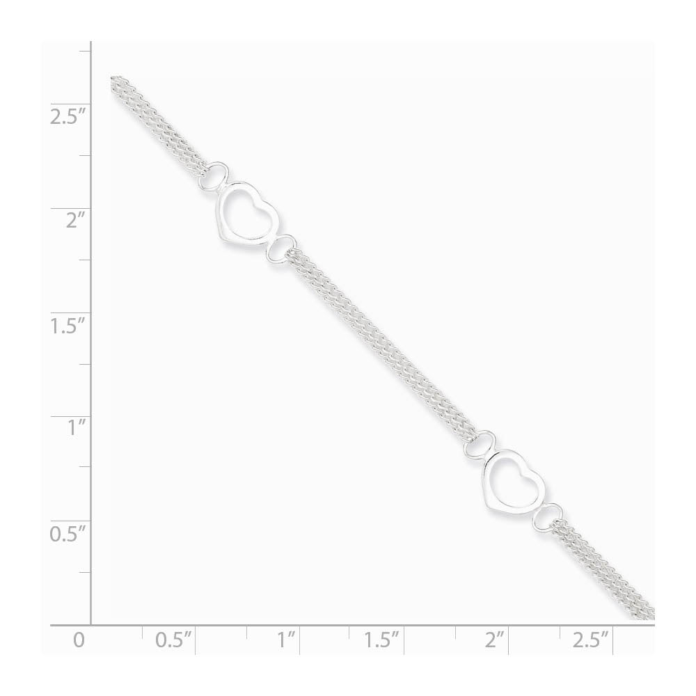 Alternate view of the Double Chain Heart Anklet in Sterling Silver, 10 inch by The Black Bow Jewelry Co.