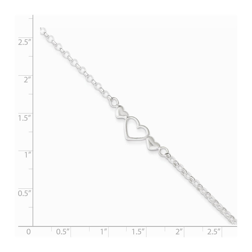 Alternate view of the Sterling Silver Adjustable Triple Heart Anklet, 9-10 Inch by The Black Bow Jewelry Co.