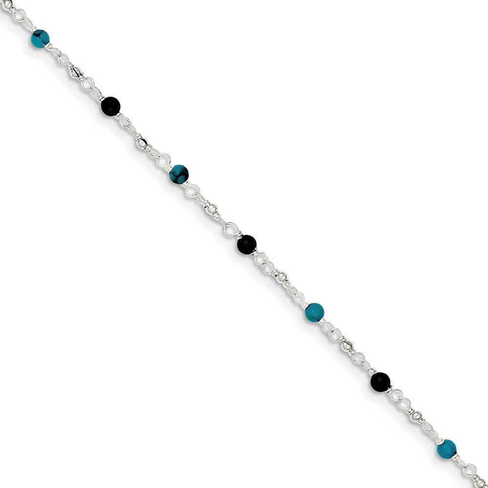 Sterling Silver Turquoise and Onyx, Beaded Anklet, 10 Inch, Item A8263-10 by The Black Bow Jewelry Co.