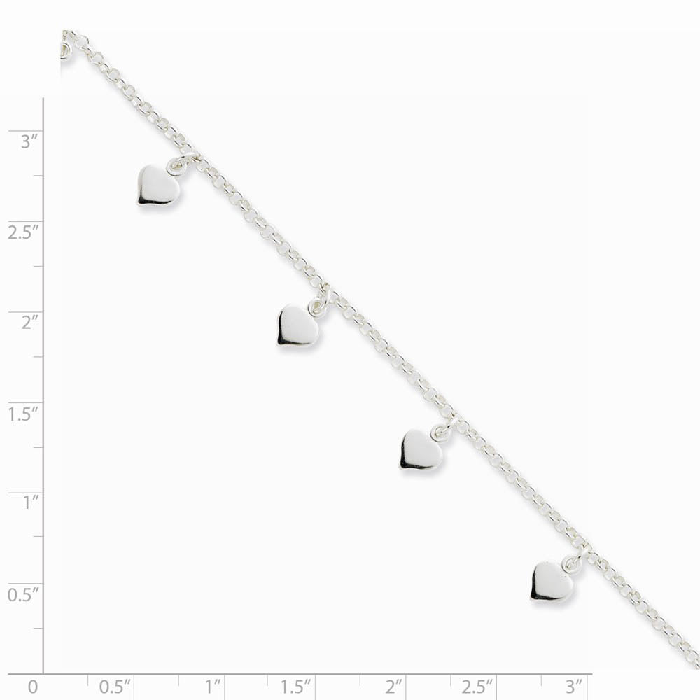 Alternate view of the Sterling Silver Heart Charm Ankle Bracelet, 10 Inch by The Black Bow Jewelry Co.