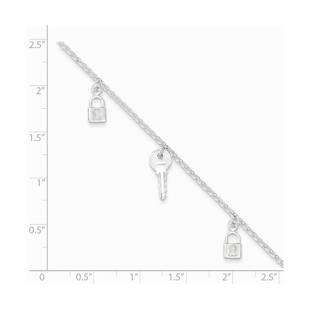 Alternate view of the Sterling Silver Lock and Key Charm Anklet, 10 Inch by The Black Bow Jewelry Co.