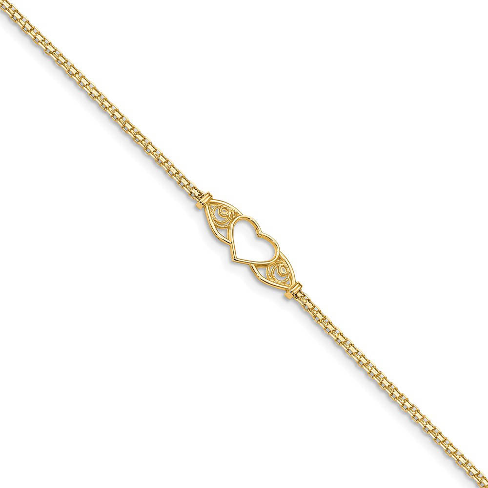 14k Gold Polished Antiqued Heart Anklet, 10 inch, Item A8300-10 by The Black Bow Jewelry Co.