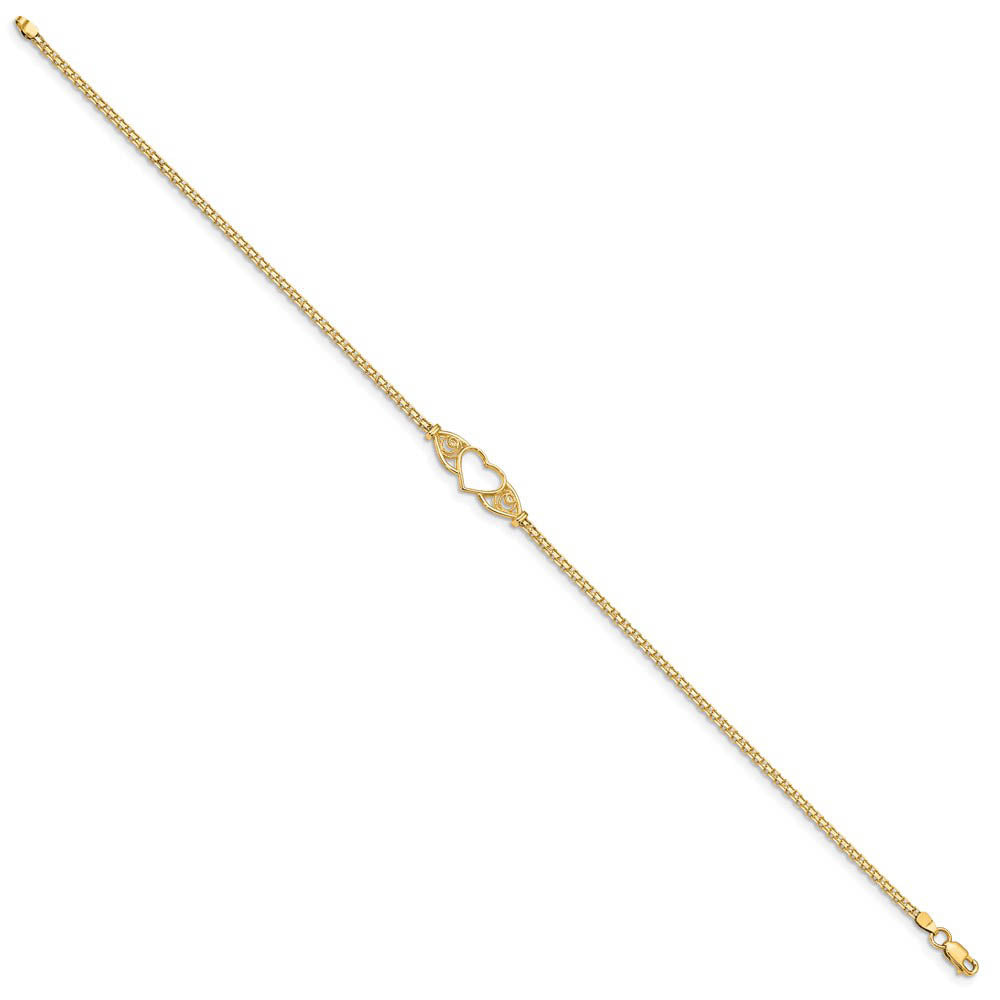 Alternative view of 14k Gold Polished Antiqued Heart Anklet, 10 inch