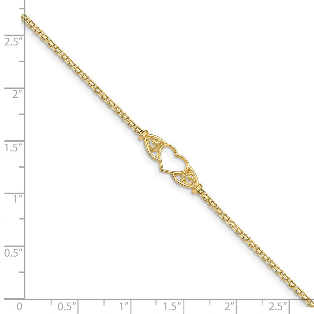 Alternate view of the 14k Gold Polished Antiqued Heart Anklet, 10 inch by The Black Bow Jewelry Co.
