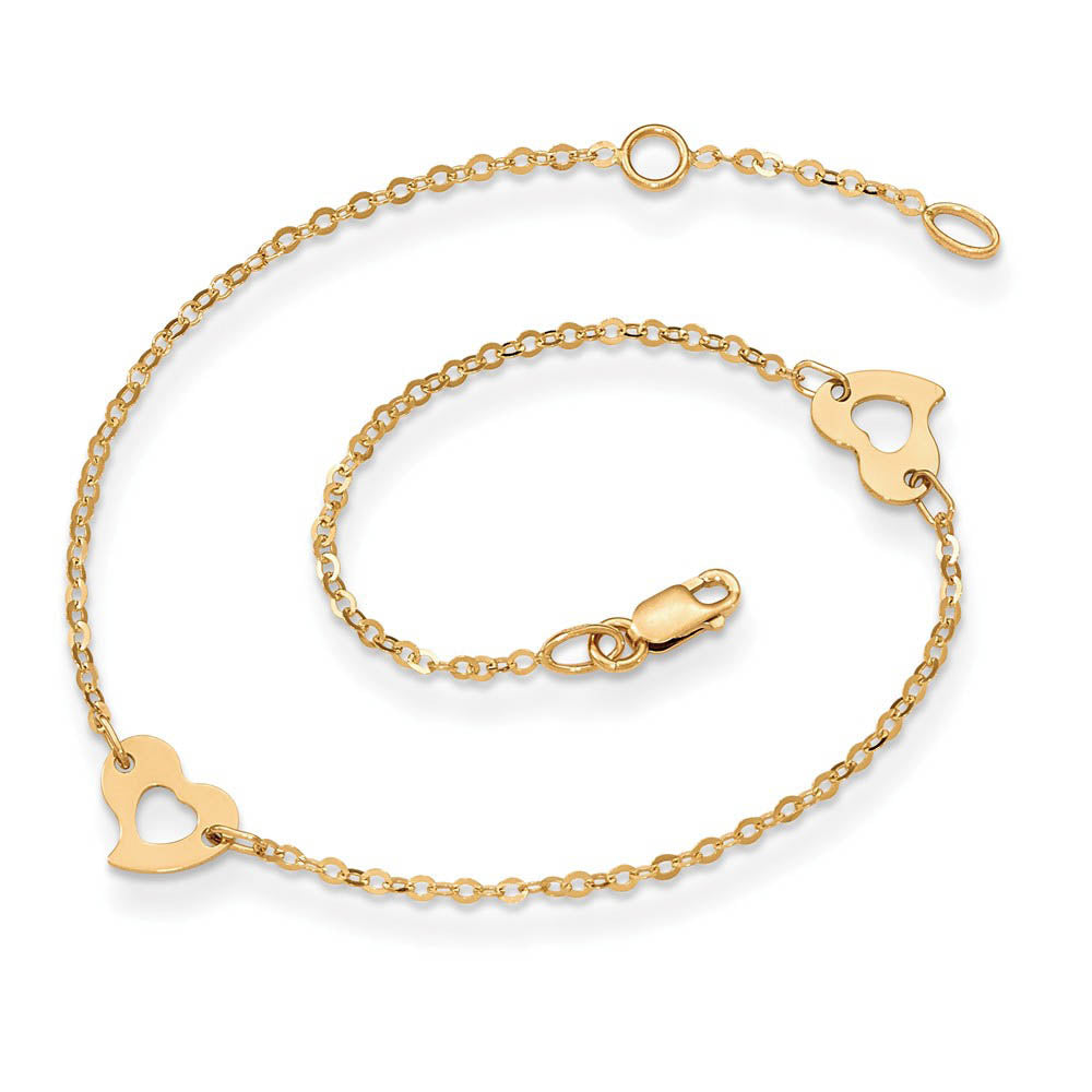 Alternate view of the 14k Yellow Gold Polished Heart Anklet, 10 Inch by The Black Bow Jewelry Co.