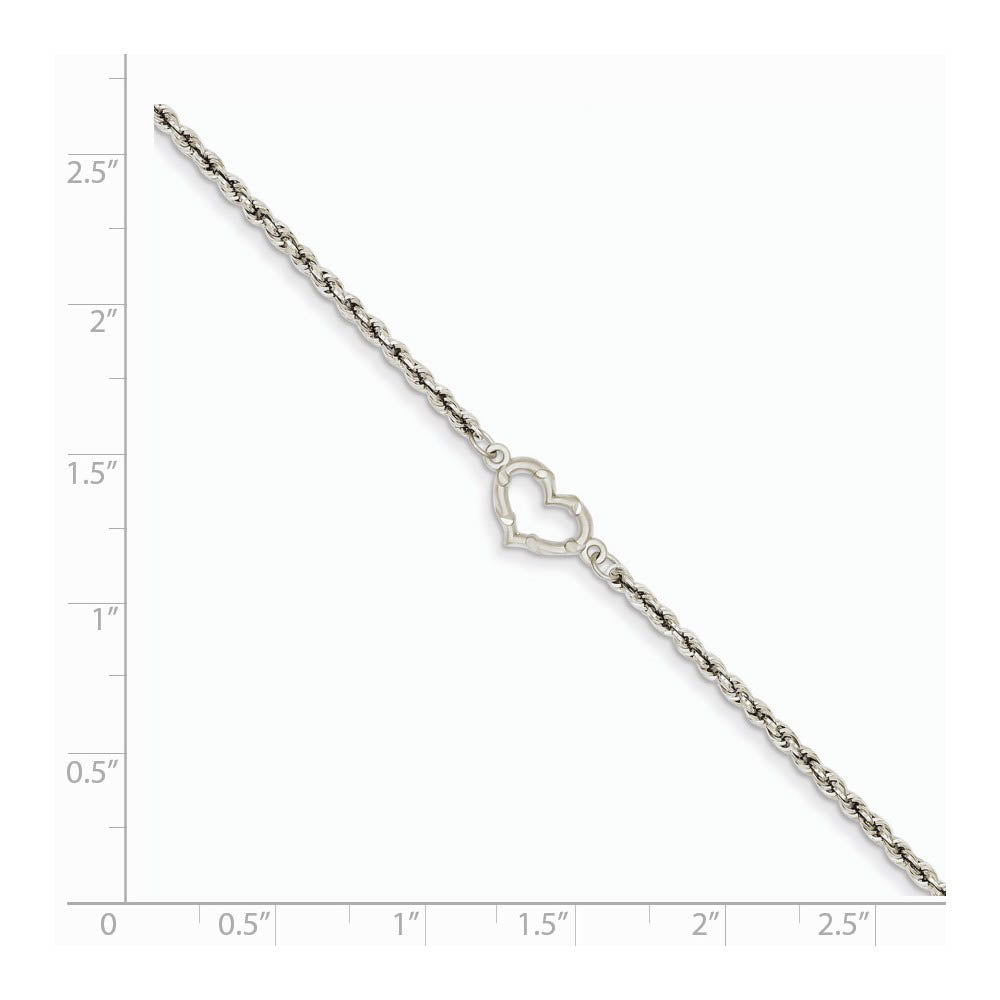 Alternate view of the 14k Gold White Gold Rope with Heart Anklet, 10 Inch by The Black Bow Jewelry Co.