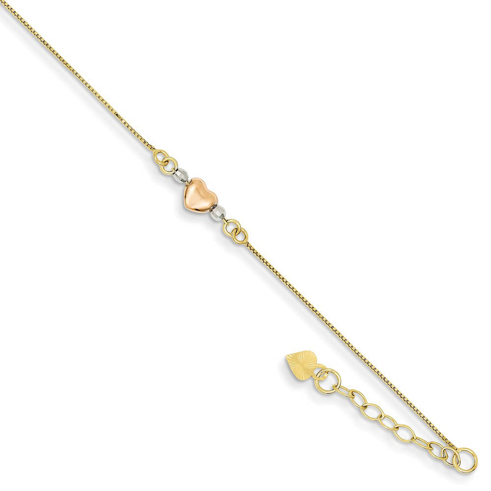 14k Gold Tri-Color Adjustable Puffed Heart, 9 inch, Item A8311-09 by The Black Bow Jewelry Co.