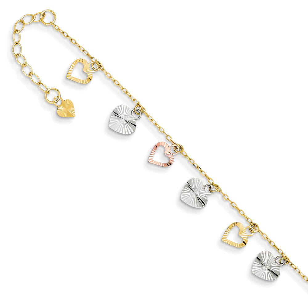 14k Tri-Color Gold Adjustable Heart Anklet, 9-10 Inch, Item A8313-09 by The Black Bow Jewelry Co.