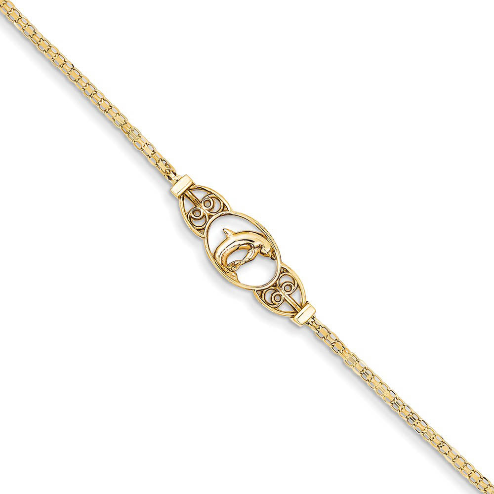 14k Gold Polished Dolphin Anklet, 10 inch, Item A8324-10 by The Black Bow Jewelry Co.