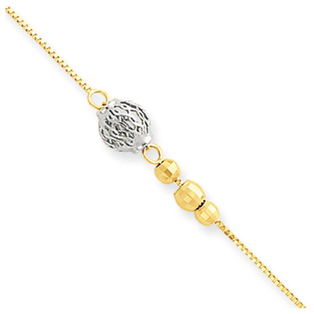 14k Two-tone Gold 0.5mm Box Chain And Bead Anklet, 9-10 Inch, Item A8344-10 by The Black Bow Jewelry Co.