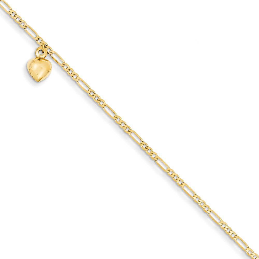 14k Gold Figaro Link with Dangling Heart Anklet, 9 inch, Item A8351-09 by The Black Bow Jewelry Co.