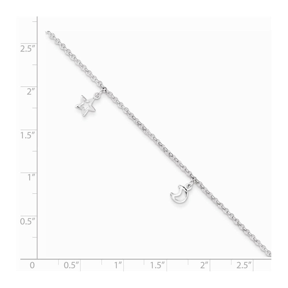 Alternate view of the Sterling Silver 2mm Cable Chain Moon and Stars Charm Anklet, 9-10 Inch by The Black Bow Jewelry Co.