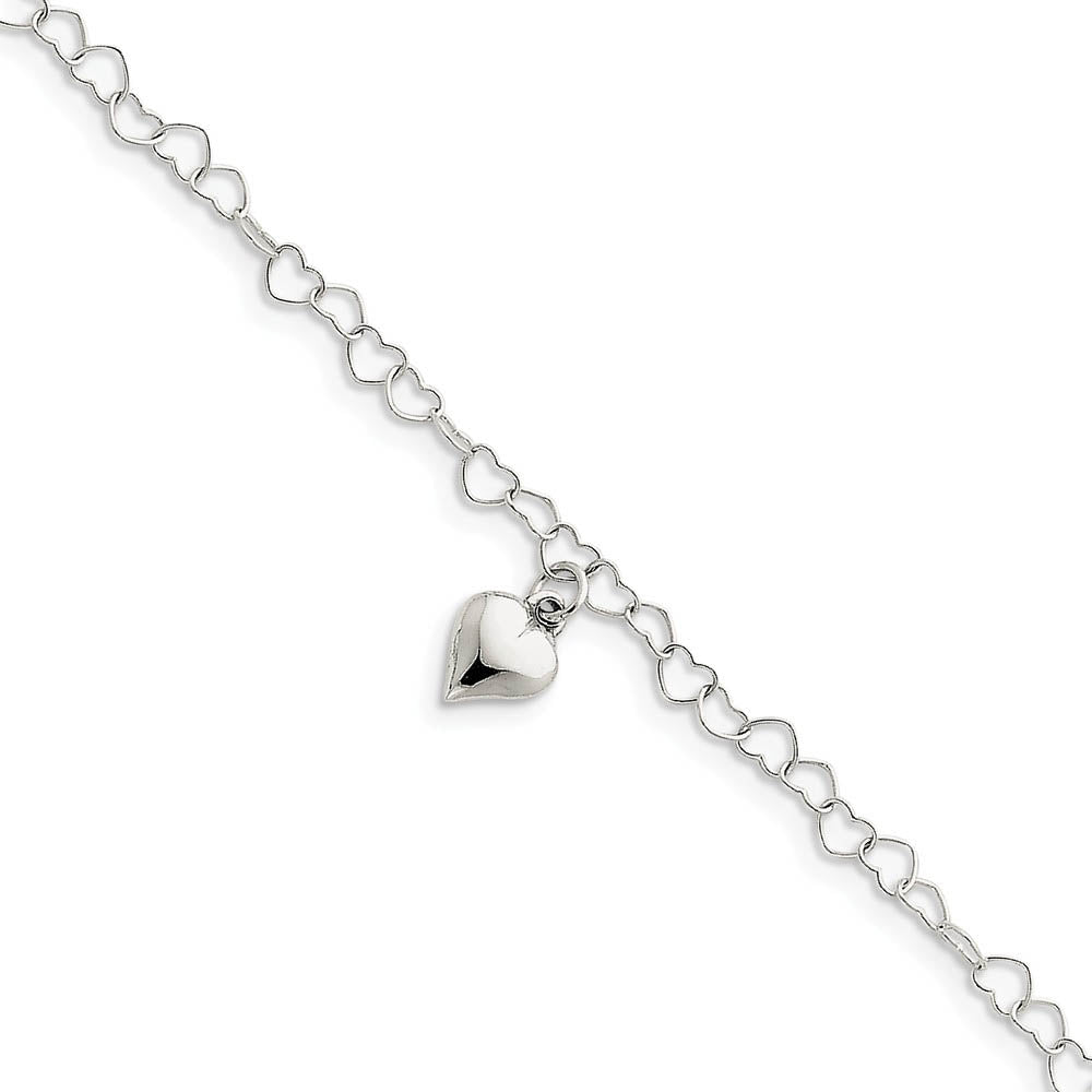 Sterling Silver 5mm Heart Link And Dangling 8mm Heart Anklet, 9-10 In, Item A8479-9 by The Black Bow Jewelry Co.
