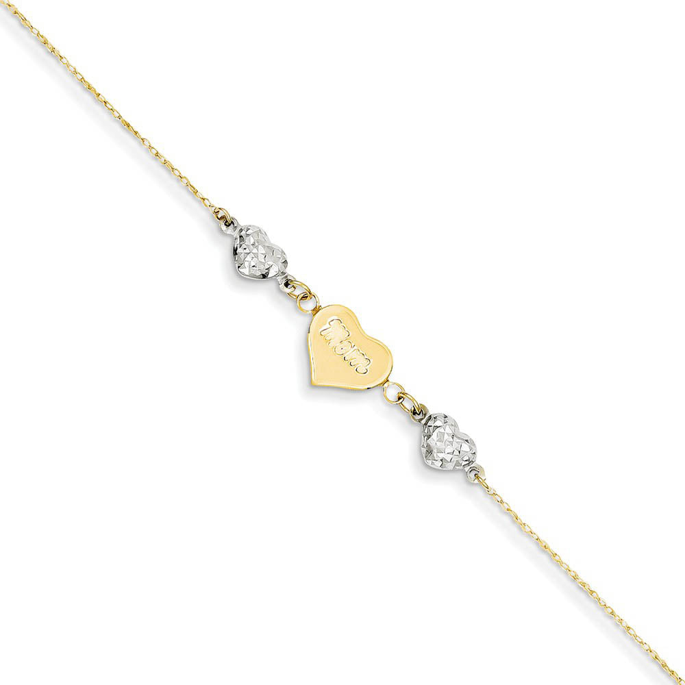 14k Two-Tone Gold Diamond-Cut Puffed and Mom Heart Anklet, 9 Inch, Item A8507 by The Black Bow Jewelry Co.