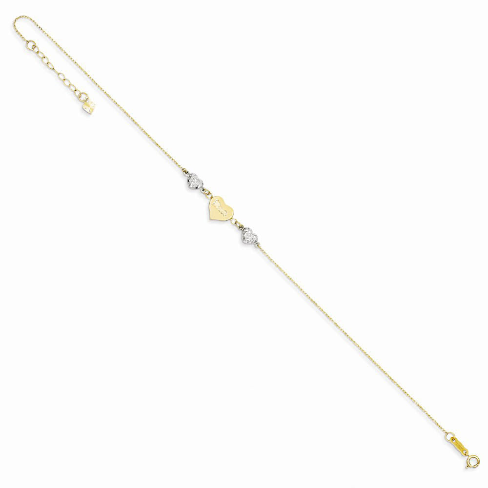 Alternate view of the 14k Two-Tone Gold Diamond-Cut Puffed and Mom Heart Anklet, 9 Inch by The Black Bow Jewelry Co.