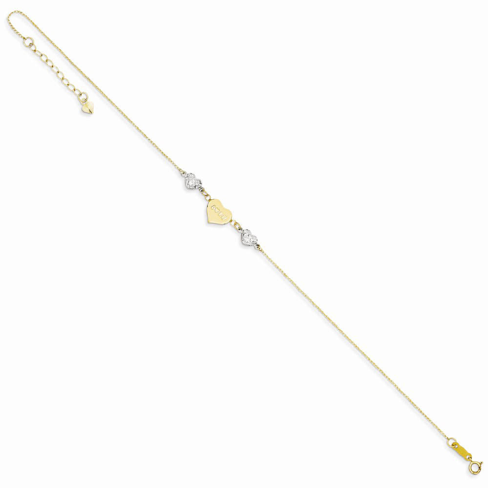 Alternate view of the 14k Two-Tone Gold Diamond-Cut Puffed and Love Heart Anklet, 9 Inch by The Black Bow Jewelry Co.