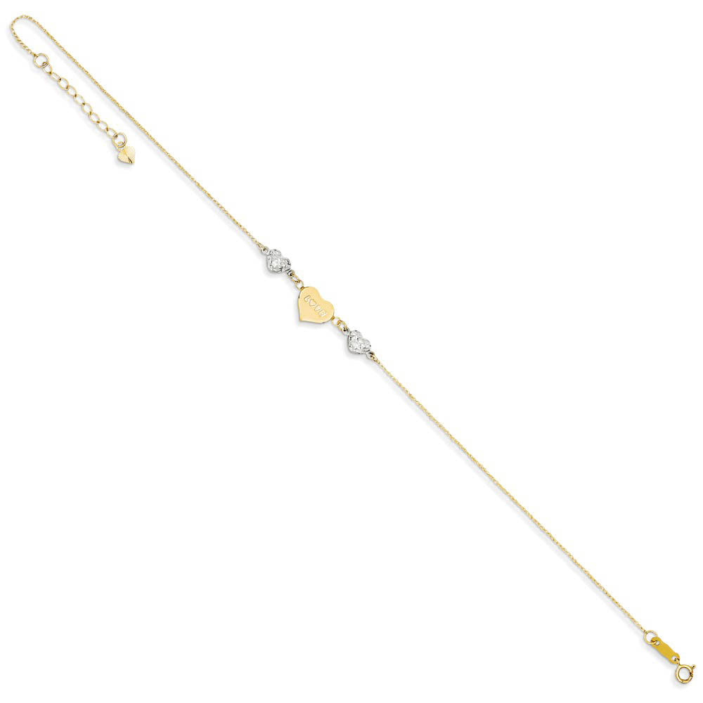 Alternate view of the 14k Two-Tone Gold Diamond-Cut Puffed and Love Heart Anklet, 9 Inch by The Black Bow Jewelry Co.