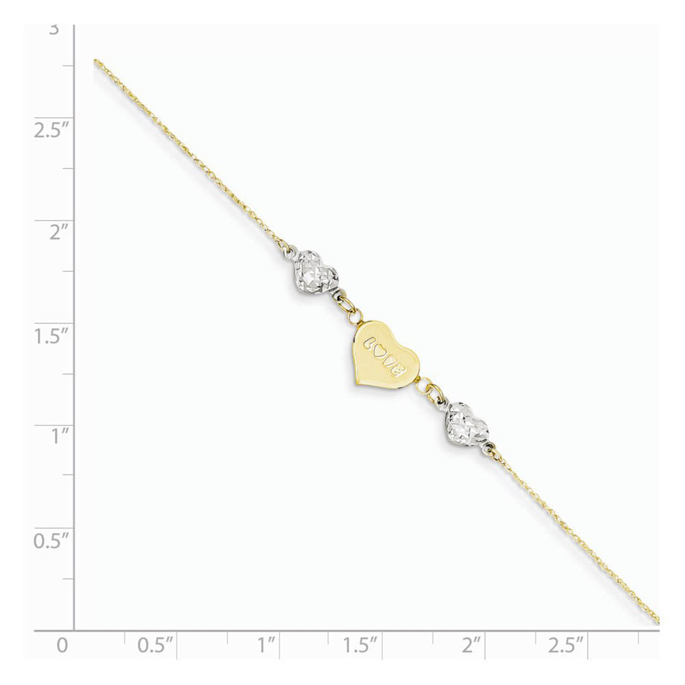 Alternate view of the 14k Two-Tone Gold Diamond-Cut Puffed and Love Heart Anklet, 9 Inch by The Black Bow Jewelry Co.