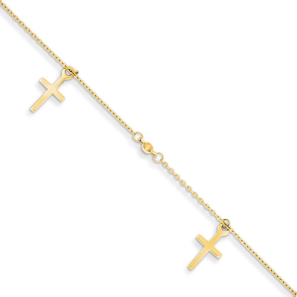 14k Yellow Gold Polished and Textured Latin Cross Anklet, 9-10 Inch, Item A8516 by The Black Bow Jewelry Co.