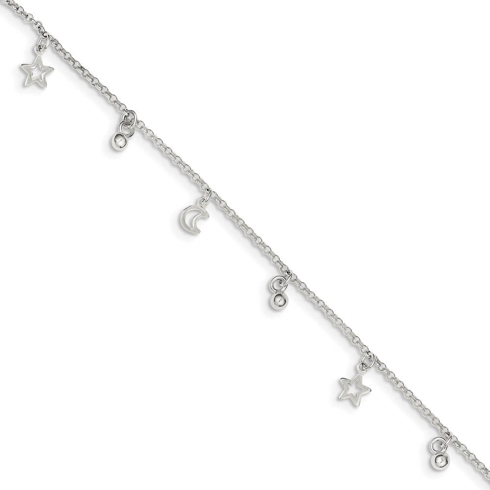 Sterling Silver 1.5mm Rolo Chain Moon, Star And Bead Anklet, 9-10 Inch, Item A8523 by The Black Bow Jewelry Co.